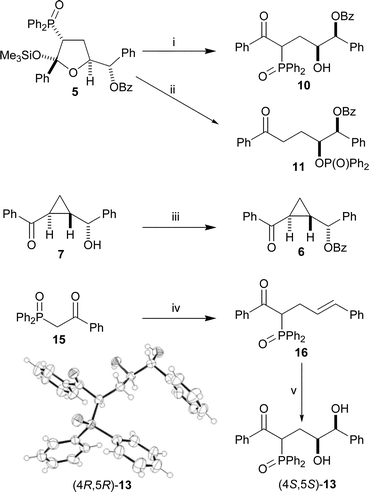 Reagents and conditions: i, TBAF, THF, H2O, 80%; ii, CsF, tBuOH, 80%; iii, PhCOCl, Et3N, DMAP, CH2Cl2, 92%; iv, NaOMe, (E)-cinnamyl bromide, THF, 70%; v, AD-mix α, MeSO2NH2, tBuOH, H2O, 63%. The X-ray crystal structure of (4R,5R)-13, synthesised from 16 using AD-mix-β, is also shown.