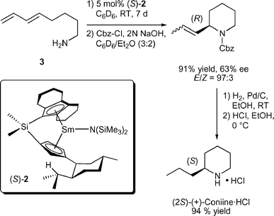 Synthesis of (+)-coniine·HCl via enantioselective aminodiene hydroamination/cyclisation (Cbz = benzyloxycarbonyl).