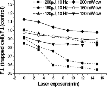 Decrease in rhodamine 123 fluorescence of HeLa cell as a function of trap duration. The ratio of fluorescence from the trapped cell with respect to the control cell is plotted for different trap duration.