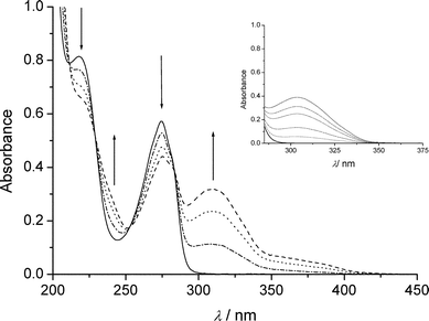 Spectral changes of deoxygenated water solution of anionic II
						(10−4 mol dm−3) upon irradiation at 280 nm: (—) initial; ()
						t
						= 17 min; (⋯)
						t
						= 40 min; ()
						t
						= 60 min. Insert: spectral changes for I in the same conditions, from bottom to top: initial; t
						= 20 min; t
						= 60 min; t
						= 100 min; t
						= 220 min; t
						= 340 min.