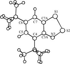 B3LYP/6-311G** geometry of Herz radical 2c (cf. parent 1,2,3-benzodithiazolyl 2a).1 Selected bond lengths (Å) and bond angles (°): C7A–S1 1.766, S1–S2 2.150, S2–N3 1.630, N3–C3A 1.350, C3A–C7A 1.420; C7A–S1–S2 89.9, S1–S2–N3 98.6, S2–N3–C3A 116.2. The hetero ring is perfectly planar.