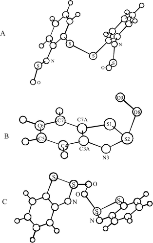 (A) Structure of N,N′-disulfinyl-2,2′-diaminodiphenyl disulfide 4a optimized at the B3LYP/6-31G* level. Selected calculated and experimental (for 4c, in parenthesis) bond lengths (Å) and bond angles (°): C–S 1.789 (1.784), S–S 2.140 (2.046), C–N 1.398 (1.430), N–S 1.555 (1.506), S–O 1.477 (1.448); C–S–S 105.0 (104.0), C–N–S 122.4 (129.3), N–S–O 112.4 (120.6). (B) Structure of the peroxyl radical 5a optimized at the UHF/6-311G** level (S2 = 0.763 and S2 = 0.750 after annihilation). Selected bond lengths (Å) and bond angles (°): C7A–S1 1.770, S1–S2 2.085, S2–N3 1.520, N3–C3A 1.390, C3A–C7A 1.390; O9–O8–S2 115.3, O8–S2–N3 111.5, S1–S2–N3 100.2, S2–N3–C3A 115.5, S1–S2–C7A 99.5. (C) Structure of the peroxide 6a optimized at the B3LYP/6-31G* level. Selected bond lengths (Å) and bond angles (°): C–S 1.768, S–S 2.154, S–O 1.826, O–O 1.426, N–S 1.561, C–N 1.394; C–S–S 89.8, S–S–N 99.6, N–S–O 114.3, S–S–O 111.3.