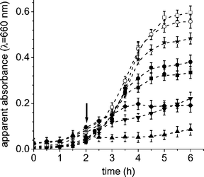 Photosensitized growth delay curves of E. coli cells incubated with 10 µM of AB3+ (■), 10 µM of ABAB2+ (●), 5 µM of A3B3+ (▲), 5 µM of A44+ (▼), 5 µM of TTAP4+ (✦) and 5 µM of TPPS44− (★) porphyrins and exposed to different irradiation times with visible light in 9% w/v TS broth at 37 °C. The arrow marks the time point where the appropriate concentration of porphyrin was added. Control culture untreated irradiated (○) and in dark (□). Values represent mean ± standard deviation of three separate experiments.