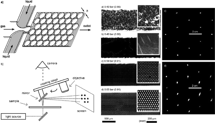 Diffraction grating formed by a flowing lattice of bubbles. Left: Scheme of the microfluidic device to generate gaseous bubbles. An incident laser beam is diffracted and produces a specific pattern on the screen. Right: Images of packed bubbles in a 1 mm wide and 16 µm high channel for different gas pressure, and resulting diffraction patterns for images (c) and (d) (Adapted with permission from ref. 4. Copyright 2006, Wiley-VCH.).