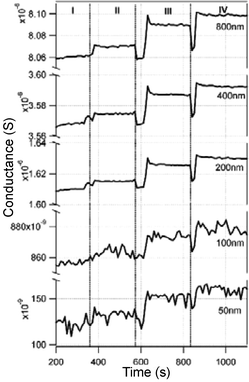 Time response of DNA hybridization on five sensors with different dimensions at 4 stages of the experiment. I: DI water; II: 10 nM non-complementary DNA solution; III: 10 pM complementary DNA solution; IV: 100 pM complementary DNA solution. Reproduced from ref. 17 (Li et al., Appl. Phys. A: Mater. Sci. Process., 2005, 80, 1257–1263) with kind permission of Springer Science and Business Media.