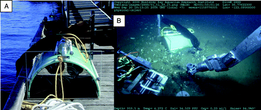 Photographs of the chambered BMFC: (A) On the dock prior to a test deployment. The anodes can be seen suspended inside the chamber. The one-way valves, and the pressure housing that contains the controlling potentiostat and voltage loggers can be seen on top of the chamber. (B) Just after deployment on the seafloor in Monterey Canyon (photograph is a screen grab from the ROV Ventana high definition video system). In the foreground, the PVC sleeve supporting the solid anode from BMFC 1 is being pushed into the sediment.