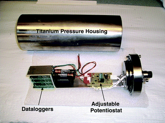 Photograph of potentiostat that controls the whole-cell potential and the titanium pressure housing.