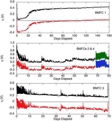 Cathode (○) and anode (◇) overpotentials (η) for all BMFC deployments based on open circuit potentials (vs.Ag/AgCl) observed during previous experiments at nearby seeps. BMFCs 2 and 4 are shown on the same plot (middle panel) since they are the same device that was recovered and then redeployed. The datalogger monitoring anode potential failed during the BMFC 4 deployment, so the record is incomplete.