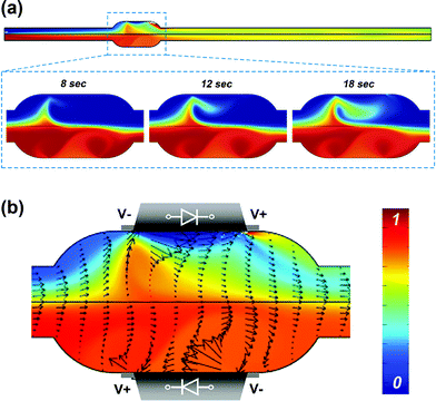 Simulations of the mixing process in a microchannel with oppositely oriented diodes. (a) Concentration distribution in the whole microchannel (top); a series of mixing images within the diode chamber after initial times (bottom). (b) Computed steady-state flow profile and concentration distribution within the diode mixer at 300 s. The magnitudes of the velocity vector are represented by the length of the arrows. Colours show the concentration distribution. The results confirm the creation of crossover flows resulting in enhancement of microfluidic mixing. See also ESI Movie 5 for the mixing in the whole channel and Movie 6 for the mixing inside the diode mixer.