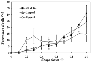 Morphological analysis of single cells treated with the DNA damaging agent MMC. The fluorescently and magnetically labeled cells were treated with MMC (1, 10 µg ml–1) for 14 h. The cells were allocated on the arrays and their morphology was analyzed as described previously. Data points represent means ± SD of 4 independent experiments.