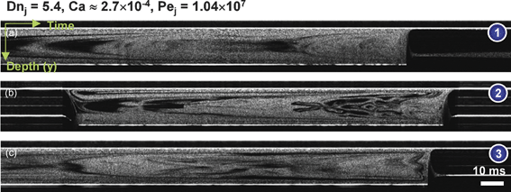 Depth versus time images showing an enhanced mixing pattern of water and polystyrene suspension within a liquid slug of bubble-train flow. Each image was taken at a different point of interest shown in Fig. 2(b).