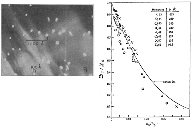 Experiment by Beck and Schultz, from ref. 15, reprinted with permission from AAAS. Left: SEM of ∼12 nm pores. Right: Effective diffusivity across the nanopore membrane compared with the Renkin equation, from ref. 9.