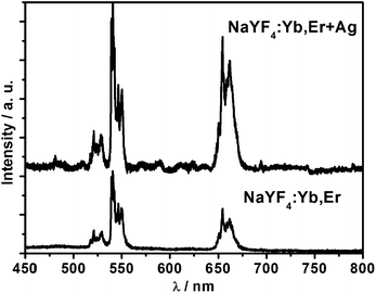 
          UC
          spectra of NaYF4:Yb,Er nanocrystals and Ag–NaYF4:Yb,Er composites on silicon substrate with the excitation of a 980 nm diode laser.