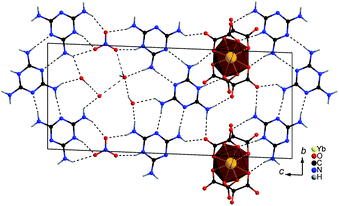 One plane of the layered crystal structure of 1 depicted in top view on the bc plane, dashed lines depict hydrogen bonding.