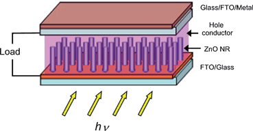 Schematic representation of an XSC applying ZnO nanowires as the electron transport material. In a DSC the ZnO nanowires are loaded with an adsorbed layer of a light-harvesting Dye and the hole conductor is typically a liquid electrolyte with a I−/I3−redox couple. In a HSC the hole conductor and light-harvesting compound is a conjugated polymer.