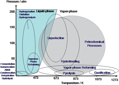 Diagram of approximate reaction conditions for the catalytic processing of petroleum versus biomass-derived carbohydrates. Adapted from Chheda et al.2