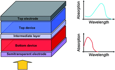 Schematic representation of an organic tandem device comprised of two sub-cells having different, complementary absorption spectra.