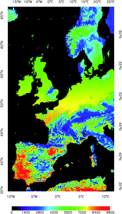 Estimate of the Downwelling Surface Shortwave Radiation Flux (DSSF) over land for 4 Apr 2007 at noon. Units are W/m2. Original data from the EUMESAT's Land Satellite Application Facility (Land-SAF).