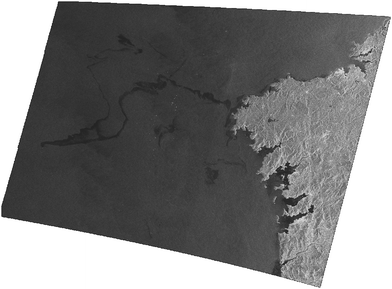 ENVISAT's ASAR wide-swath image illustrating surface dependence on the scattered radar signal. The darkest areas within the image swath correspond to smooth surfaces (here, the Prestige oil spill). The lighter area on the left is the northwest coast of Spain. Estimates of wind speed over the ocean rely on the empirical relationship between backscattered radar signal and open sea surface roughness. Original data from ESA.