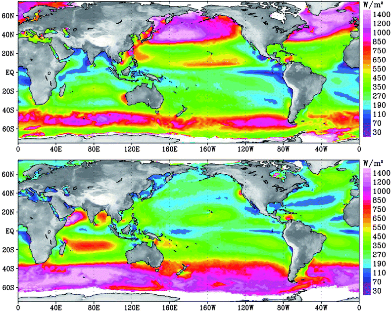 QuikSCAT composite of wind power density over global oceans for Northern Hemisphere winter (top panel) and summer (lower panel). Just considering the Betz limit, it is deemed that a wind turbine would not extract more than 59% of this available wind power. The actual recoupable energy is some two orders of magnitude lower than is indicated here because of turbine spacing and other engineering constraints (such as the choice of floating or fixed platforms). Other factors to consider include distance from shore, water depth, location of shipping lanes and fisheries. Image courtesy of Tim Liu, NASA JPL.