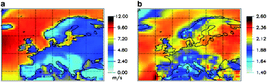 Geographical distributions of the shape (a) and scale (b) parameters of maximum likelihood Weibull fits derived from ERA-40 data (from ref. 42).