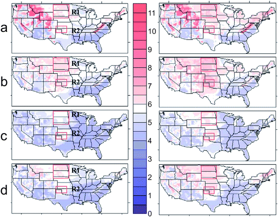 Present-climate wind speeds (m/s) for the period 1948–1978 at 0.5° × 0.5° resolution in the US for (a) Jan–Mar, (b) Apr–Jun, (c) Jul–Sep, and (d) Oct–Dec periods (left column), compared with Hadley Centre HADCM II GCM predicted wind speed for 2050 (right column). From ref. 50.