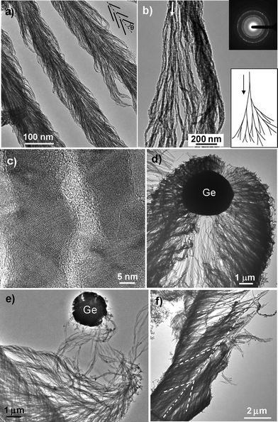 
            TEM images of Ge-catalyzed Al2O3nanowire bunches. (a) Low-magnification TEM image of the stem part of three parallel baseball bat-like nanowire bunches. The inset demonstrates how the nanowires pack into nanowire bunches. (b) A high-magnification TEM image of a bunch of Al2O3nanowires showing branching-growth features. Bottom right inset, schematic diagram of the branching-growth model. Top right inset, electron diffraction pattern of the polycrystalline Al2O3nanowires. (c) High-resolution TEM image of two Al2O3nanowires. (d,e) Top part of spindle-like Al2O3nanowire bunches. (f) A broken Al2O3nanowire bunch. The white dot-dash line represents the central axis of the bunch. The white dash lines represent the orientation of nanowires in the bunch.