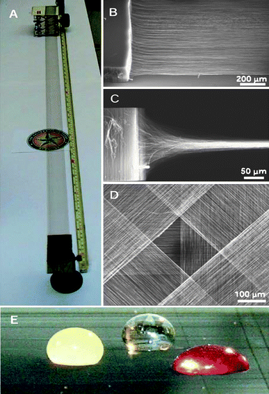 (A) A self-supporting 3.4 cm wide, metre-long MWNT sheet that has been hand drawn from a nanotube forest at an average rate of 1 m min−1. (B) SEM image at a 35° angle with respect to the forest plane, capturing a MWNT forest being drawn into a sheet. (C) SEM micrograph showing the cooperative 90° rotation of MWNTs in a forest to form a sheet. (D) SEM micrograph of a two-dimensionally reinforced structure fabricated by overlaying four nanotube sheets with a 45° shift in orientation between successive sheets. (E) Photograph showing two orthogonal as-drawn nanotube sheets supporting droplets of water (∼2.5 mm in diameter), orange juice, and grape juice, where the mass of the droplet is up to 50 000 times that of the contacting nanotube sheets. Reproduced from ref. 67 with permission from AAAS.