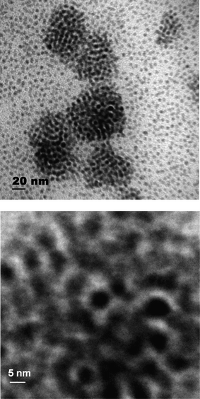 
            TEM micrograph for as-prepared cobalt nanoparticles in the absence of a polymer matrix, the lower image is a magnification of the darker contrast area in the middle of the upper image.