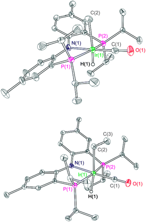 Molecular structures of (top) trans-[PNPPri]Ir(H)(Me)(CO) and (bottom) trans-[PNPPri]Ir(H)(Et)(CO), which are the products obtained from the thermal decarbonylation of EtOH and n-PrOH, respectively. H-atoms (refined at calculated positions) are omitted for clarity. Thermal ellipsoids are drawn at the 50% probability level.