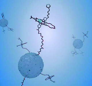 A schematic representation of the anion templated threading of a solution phase macrocycle over a nanoparticle confined indolocarbazole thread. The delivery of macrocycle from solution to the axle is mediated only by specific anions and can be followed by threading induced changes in the axle fluorescence emission.47