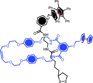 Example of a redox active rotaxane assembled by anion templation. Gold electrodes were immersed in a 10 : 1 mixture of ferrocene appended isophthalamide macrocycle and a pentaphenylferrocene pyridinium nicotinamide chloride ion-pair thread in chloroform solution (shifting the equilibrium in favour of rotaxane formation). Hydrogen bond donor based anion recognition in the central (“three dimensional”) cavity is communicated by cathodic perturbation of the electrochemical signals.