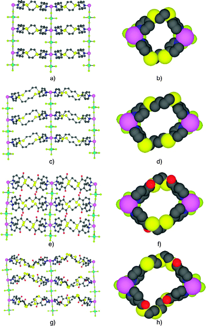 Views of portions of X-ray structures of the 2-D networks formed upon combining ZnSiF6 with 1 and 3–5 (top to bottom): perpendicular (a, c, e, g) and along (b, d, f, h) the Si–F–Zn pillar axis. H atoms and solvent molecules are not presented for sake of clarity.