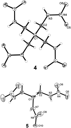 Molecular structures (thermal ellipsoids represent 50% probability) of 4 (top) and 5 (bottom). Selected bond lengths [Å] and angles [°]: 4: C1–C2 1.5417(12), C2–N3 1.4598(16), N3–N4 1.3327(15), N4–O6 1.2263(15), N4–O5 1.2379(14), C1–C2–N3 114.39(9), C2–N3–N4 122.37(10); 5: C(1)–C(2) 1.5318(17), C2–N3 1.4463(18), N3–N4 1.3262(18), N4–O6 1.2230(17), N4–O5 1.2279(19), C1–C2–N3 113.74(12), C2–N3–N4 121.61(12).