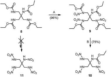 Attempt to synthesize asymmetric tetranitramine 11; A: 100% HNO3–(CF3CO)2O, B: 28% aq. NH3–36% HCl.