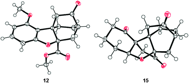 X-ray derived ORTEP of intramolecular Diels–Alder product 12 and triketone 15 with thermal ellipsoids shown at the 50% probability level.