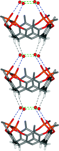 Self-assembly of the Tiiii[H,CH3,CH3]·4H2O complexes in the infinite up–up columnar arrangement running parallel to the crystallographic c axis. Each up–up column is surrounded by four nearest neighbouring down–down parallel columns of complexes. Only relevant hydrogen atoms have been reported. Water molecules are represented as red balls.