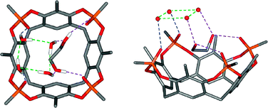 Top and side view of Tiiii[H,CH3,CH3]·HOCH2CH2OH·4H2O. (Colour code: P, orange; O, red; C, grey; H, white; weak intermolecular interactions, blue, green and pink). Only relevant hydrogen atoms are shown.