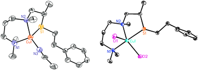 ORTEP diagram view (50% probability ellipsoids) of 1A and 1B. Left: X-ray structure of 1A: Cu1–N1, 2.056 Å; Cu1–N2, 2.122 Å; Cu1–N3, 1.935 Å; Cu1–S1, 2.292 Å. Right: X-ray structure of 1B: Cu1–N1, 2.071 Å; Cu1–N2, 2.136 Å; Cu1–S1, 2.387 Å, τ = 0.61.24