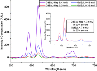 Time-delayed emission spectra of GdEuL recorded upon excitation at 345 nm, pH 7; time delay 0.1 ms. The inserted figure shows the emission spectra in fetal bovine serum. The concentrations mentioned are overall concentrations of the lanthanide.