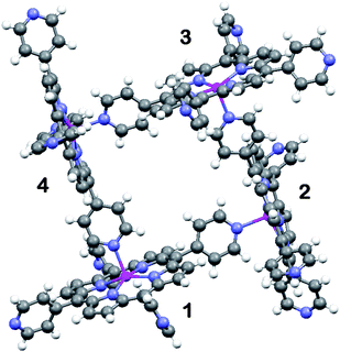 Ball-and stick illustration of the supramolecular (ZnTPyP)4 oligomer in 1. The individual porphyrin units are related to one another by the tetragonal 4̄ symmetry axis (perpendicular to the projection shown, in the center of the tetramer).