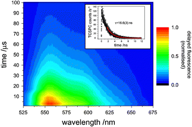 The time-dependence of upconverted rubrene fluorescence after excitation at 670 nm. The delayed fluorescence peaks within a few μs after the laser pulse and lasts for 10s of μs, demonstrating its incoherence. Inset: a time-correlated single-photon counting trace of prompt rubrene fluorescence (8 × 10−4 M) induced by a 525 nm pulse.