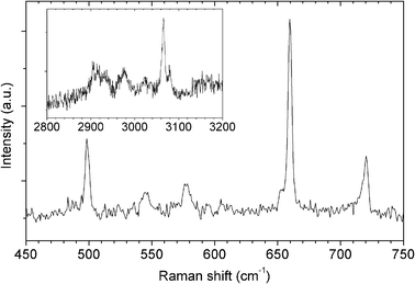 Raman spectrum of 2 under 532 nm laser excitation, confirming the functionalisation. Raman shifts in the ranges typical for CS–SC (main plot), and C–H (inset) bond associated vibrations are shown.