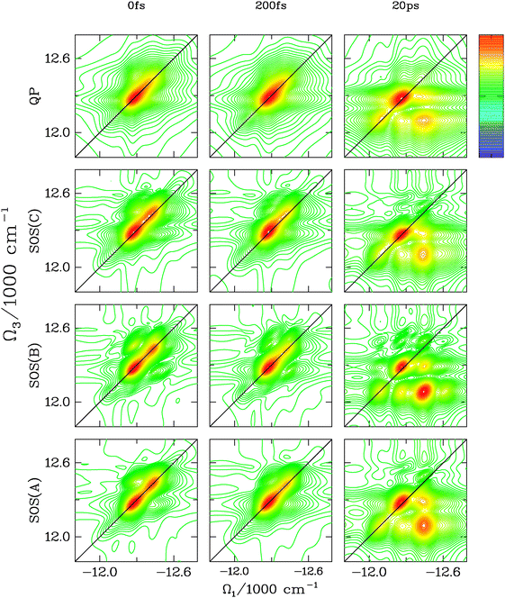 The kI spectra (absolute value) of FMO for t2 = 0 fs, 200 fs and 20 ps is reported for the 4 different transport theories. At t2 = 0 fs, the QP and SOS(B) differ from SOS(A) and SOS(C) which are very similar. The QP peaks are more broad whereas the dominant crosspeak in SOS(B) has a larger amplitude and is elongated along the diagonal. At t2 = 200 fs, only the QP gives qualitatively different results (broader peaks). At t2 = 20 ps, all theories capture the main features, but some finer details are different. The SOS(C) and SOS(A) techniques are quite similar in peak shapes although the intensity of the strongest cross peak is slightly larger in SOS(A). In SOS(B), the cross-peaks are elongated along the diagonal (the cross-peaks in SOS(A) and SOS(C) have a more circular shape) due to the correlated slow bath coordinate. In the QP, the diagonal peak is still too broad and the cross-peaks are similar to SOS(A) and SOS(C) but are slightly more elongated along Ω1.