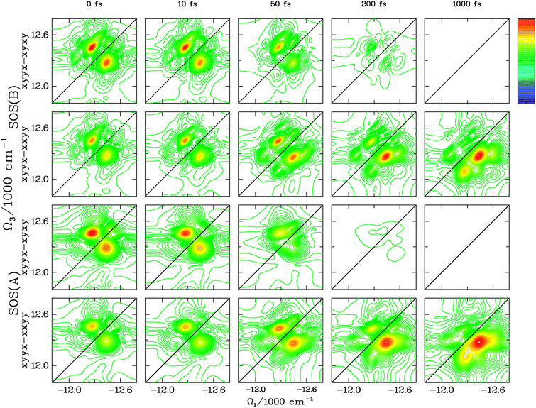 We compare the signal RkI,xyyx–RkI,xyxy that eliminates population contributions and the signal RkI,xyyx–RkI,xxyy that eliminates the coherent contributions to the ESE Liouville space pathway for the two transport theories SOS(A) (uncorrelated bath, bottom two rows) and SOS(B) (correlated bath, top two rows). We consider the following t2: 0 fs, 10 fs, 50 fs, 200 fs, 1000 fs. Obviously, the coherent dynamics decays on a much faster timescale. The shape of the peaks differs when the slow bath coordinate is correlated or uncorrelated. Again, for correlated bath, the peaks are elongated along the diagonal. Furthermore, the coherent dynamics decay on a faster timescale for the uncorrelated case. For the signal that probes the population (RkI,xyyx–RkI,xxyy), we observe the same features as in Fig. 5, the peaks redistribute with the same timescale for both transport theories and they appear elongated along the diagonal for the correlated case.