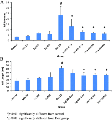 Single cell gel electrophoresis analysis of DNA damage in mouse heart cells treated with squalene and Dox. A: Tail moment (TM), B: Tail length (TL).