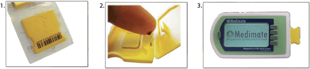 (1) A cartridge containing a pre-filled microfluidic chip; (2) the cartridge is opened, the chip seal is removed and a drop of blood is deposited at the sample opening; (3) the cartridge is inserted in the Multireader and the measurement is started.