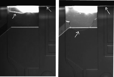 (A) Evaporation channel (left) and injection channel (right) just after removing the chip seal and (B) 10 min after removing the seal. The white arrows indicate the menisci in both channels. The top one-third of the evaporation channel in these photographs is occupied by an electrode which is used to diagnose proper channel filling in the manufacturing phase.