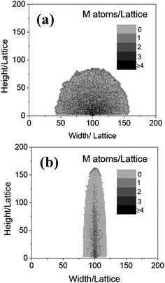 The morphologies of the nanowires obtained at Ta = 0.1 (a) and 0.4 (b), respectively, when NO = 0.2, L = 6, and t = 600.