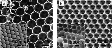 SEM images of macroporous carbon materials fabricated (a) by surface templating and (b) by volume templating using 250 nm silica spheres as the template. The inset shows a carbon–colloidal silica composite. Reproduced with permission from ref. 39.